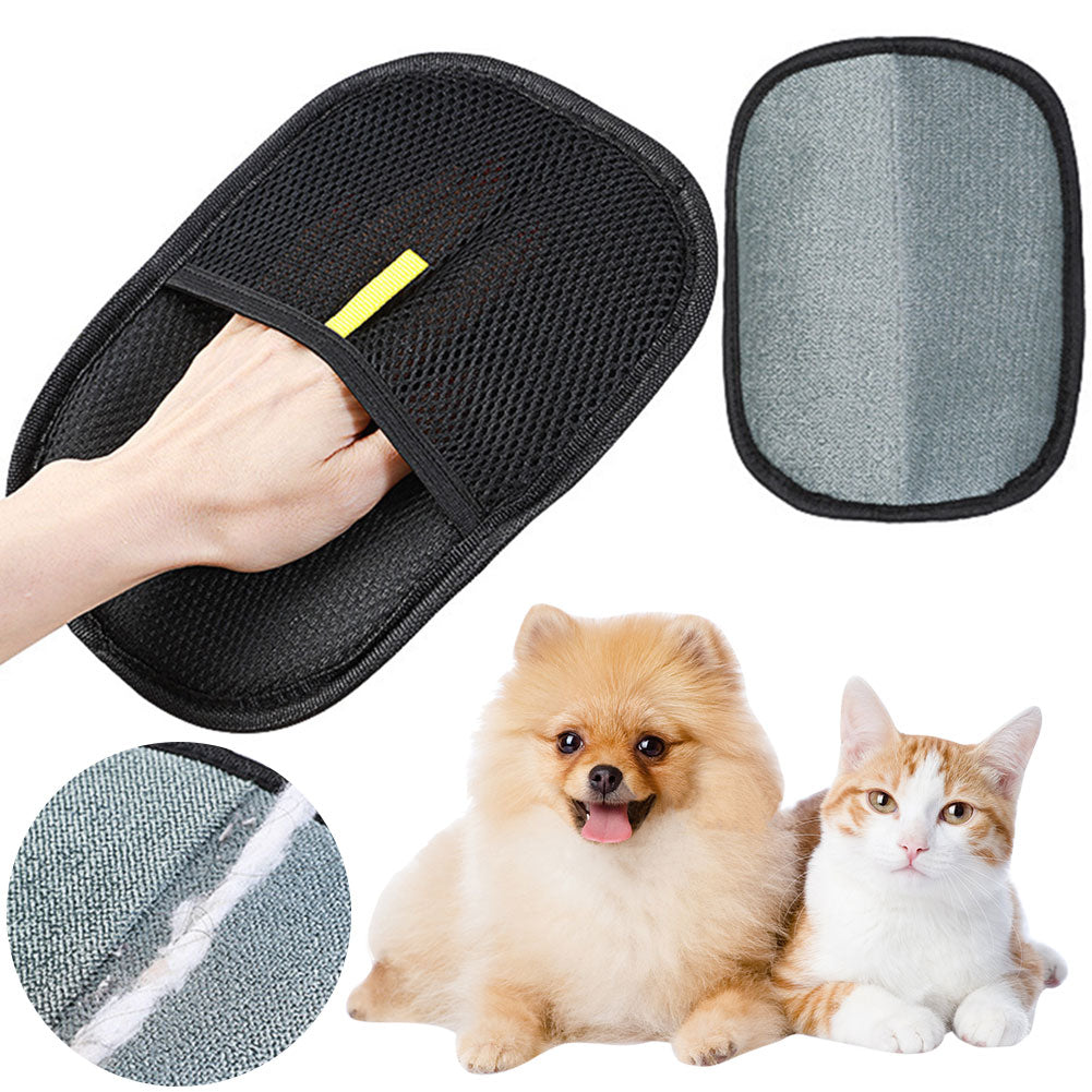 Deshedding grooming glove removing loose fur from a dog and cat