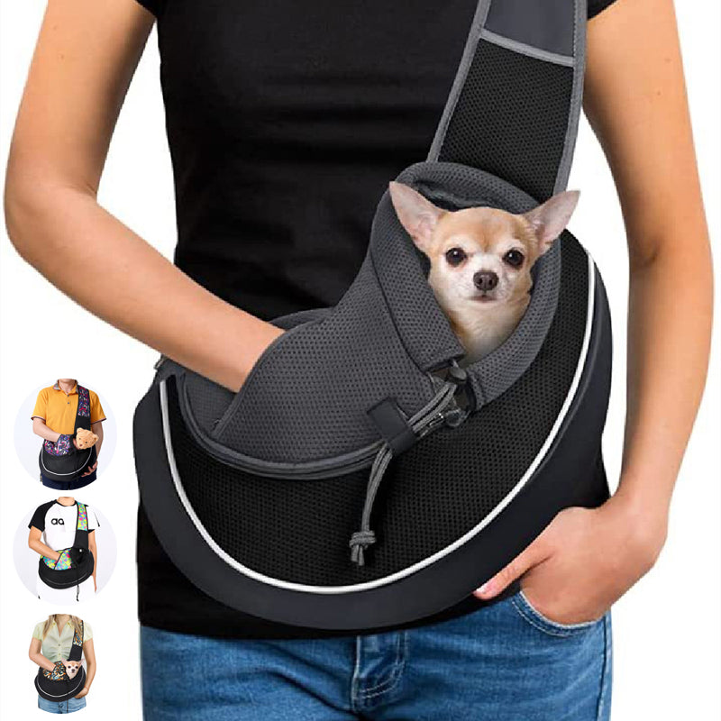 Small dog carried hands-free in a breathable pet sling crossbody bag
