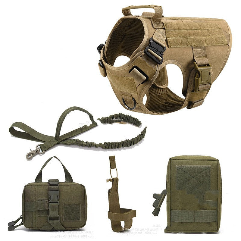 MATERA PET tactical K9 training harness vest fitted on a dog, with MOLLE panels and carry handle visible