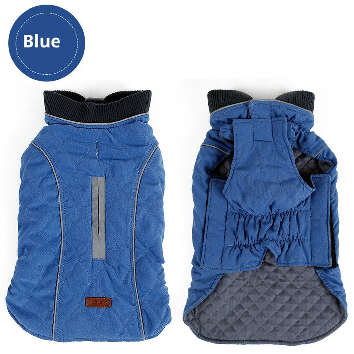 MATERA PET quilted winter dog coat in blue, padded dog jacket with knit collar, reflective stripe and quilted grey lining
