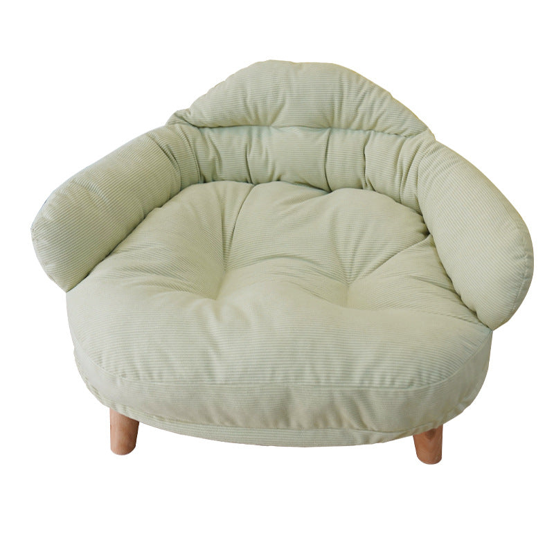 Yellow solid wood cat bed seen from the side