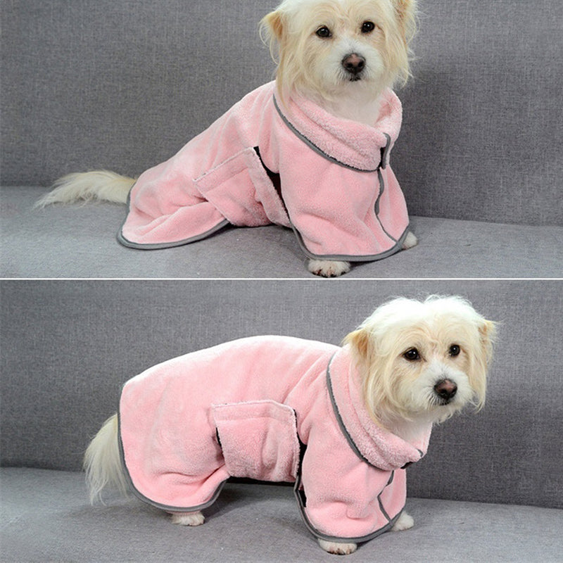 Pink dog bathrobe seen from the side and from behind on a small dog