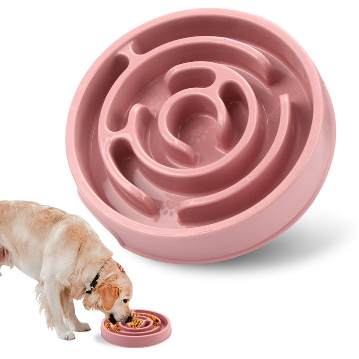 MATERA PET pink maze slow feeder bowl on white background with a dog eating dry food