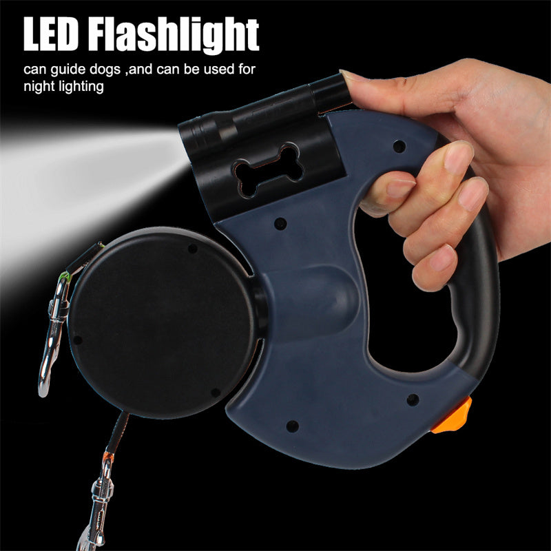 LED torch in the leash handle lighting the path on a night walk