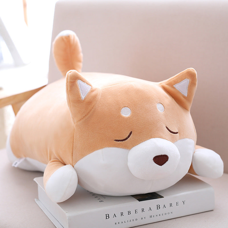 Pink chubby Shiba Inu plush pillow, sleepy expression, side view