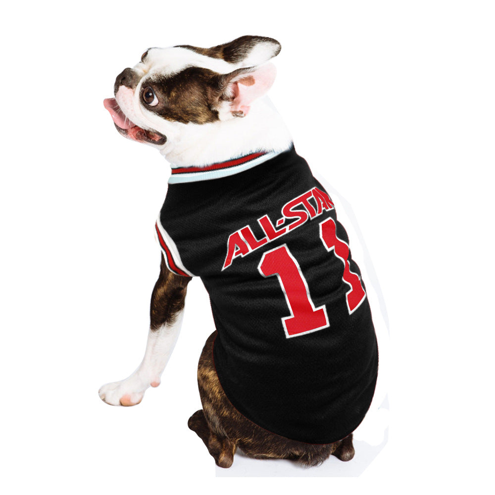 French bulldog wearing the black All-Star Dog Basketball Jersey, side view