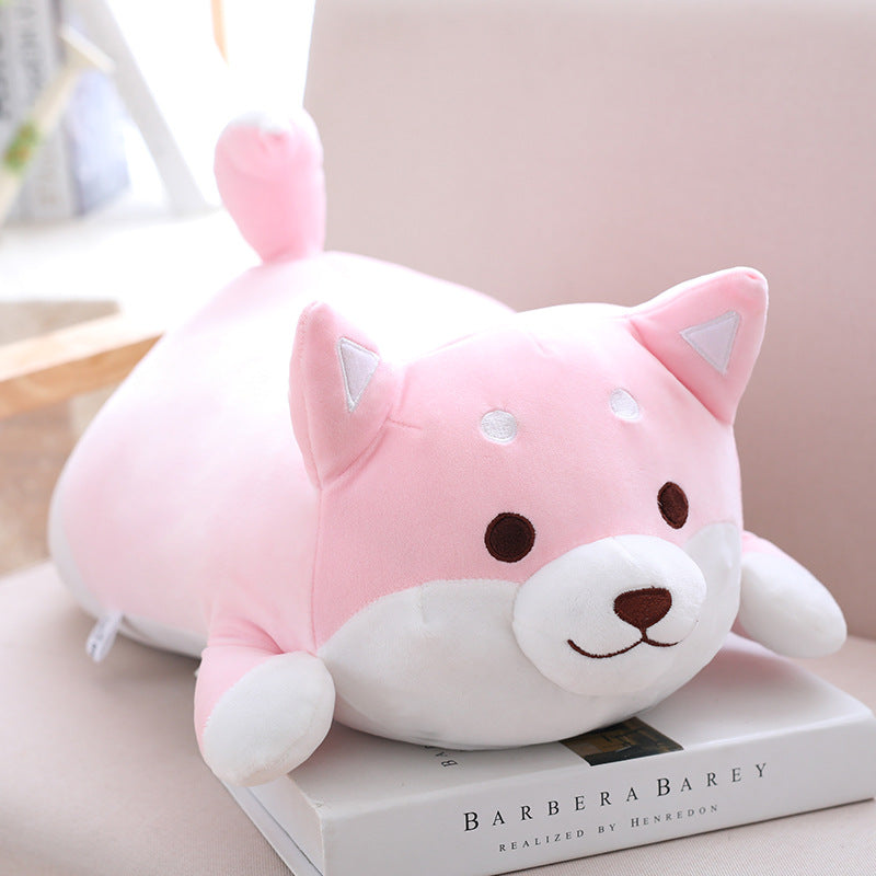 Brown chubby Shiba Inu plush pillow, close-up of embroidered face