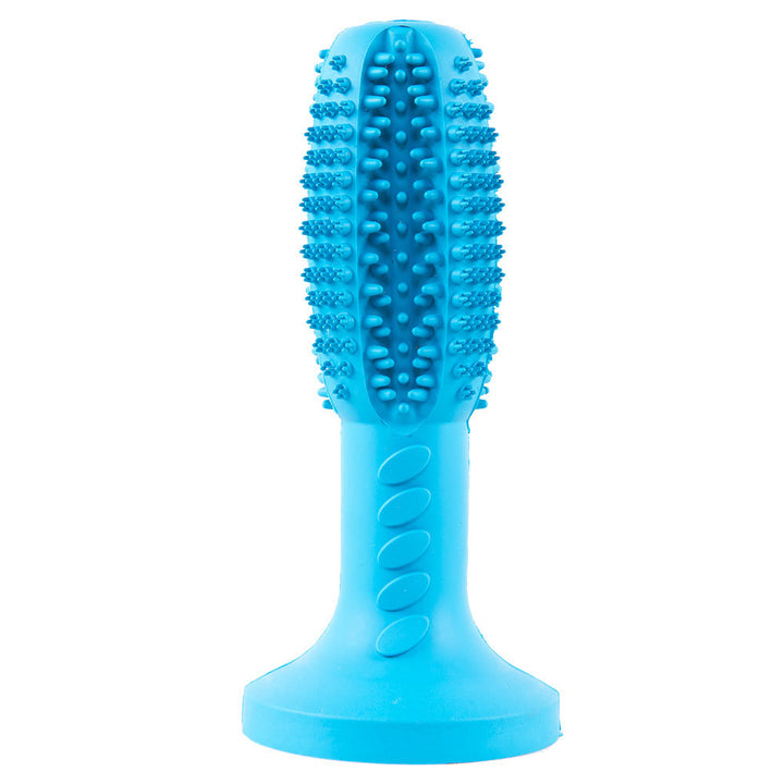 MATERA PET dog toothbrush chew stick in blue with bristled rubber head and suction-cup base for daily teeth cleaning