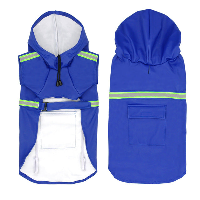 MATERA PET royal blue waterproof dog raincoat, underside with belly strap and back with reflective band and storage pocket