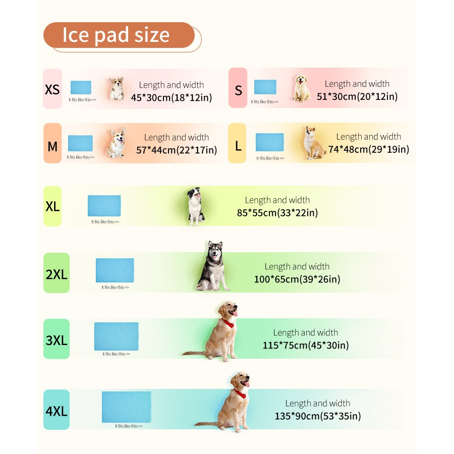 Size chart for the seven cooling mat sizes