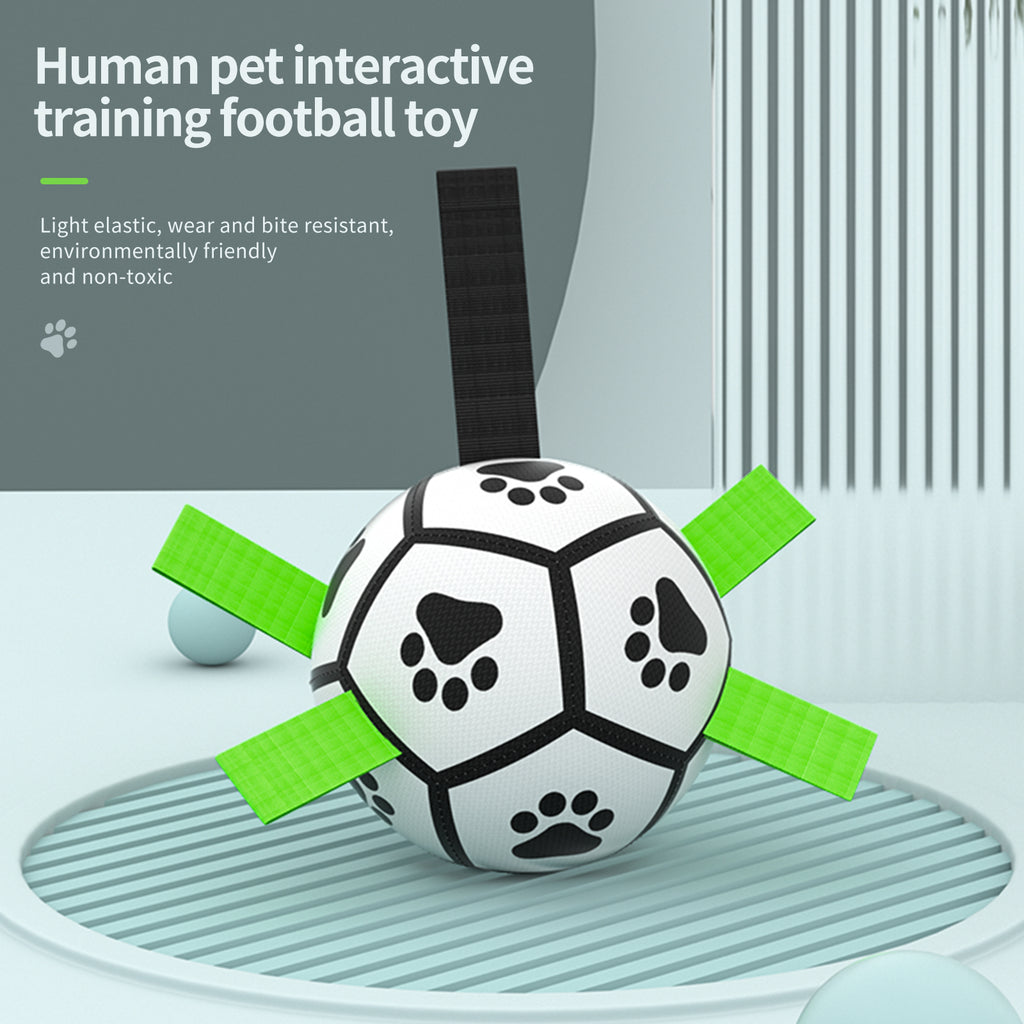 MATERA PET dog soccer ball used as a tug toy by its grab tabs