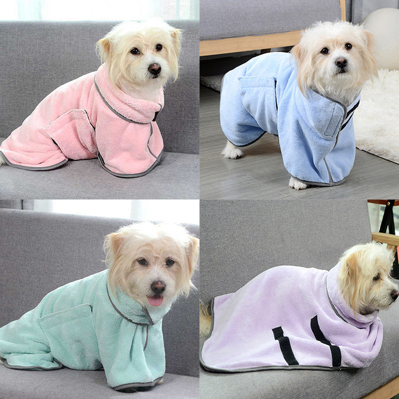 The dog drying robe shown in green, blue, mint and lilac on the same dog