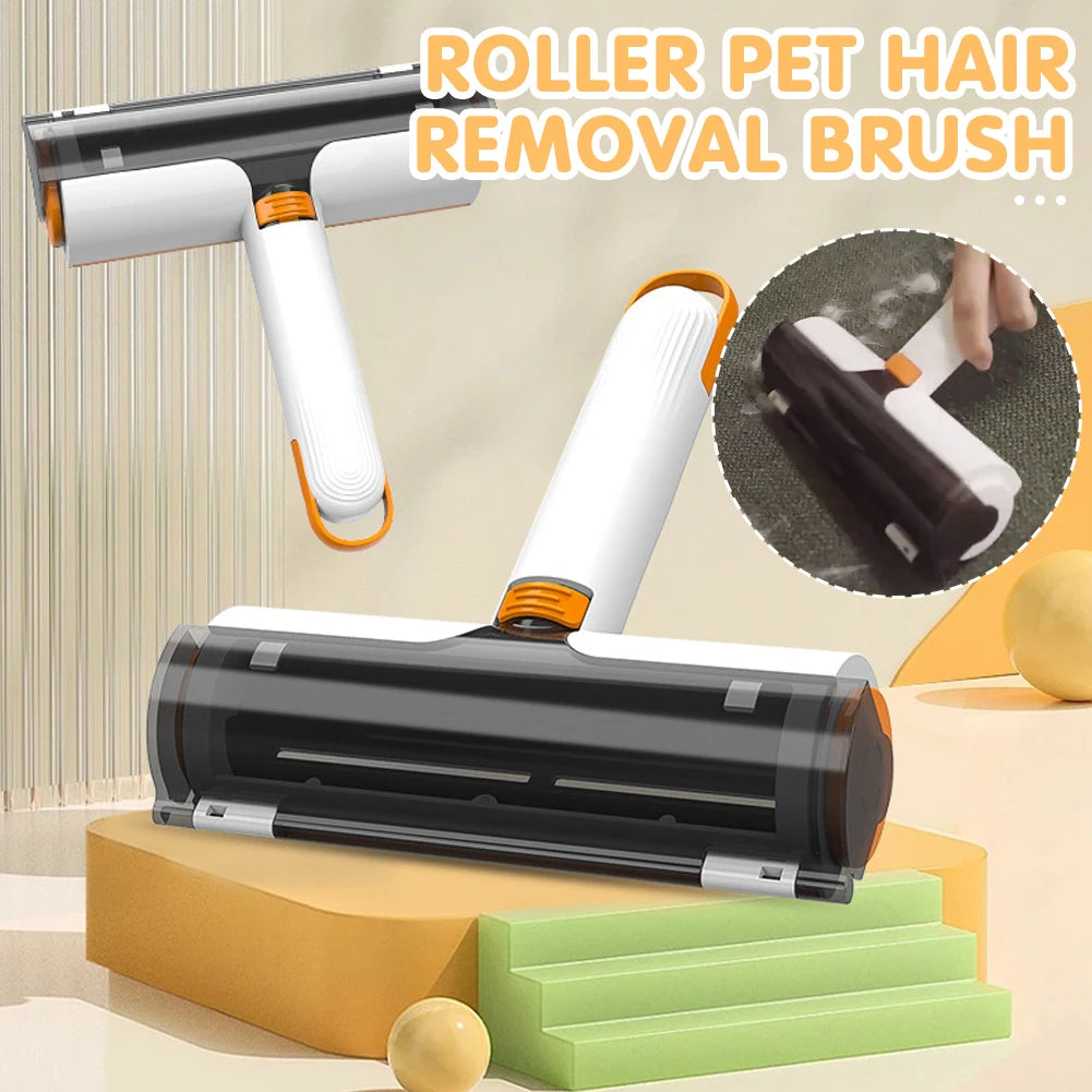 Reusable pet hair removal roller brush in white, orange and grey