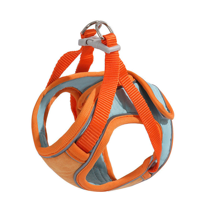 MATERA PET escape-proof cat harness in Orange with light blue faux-suede lining, front view on white