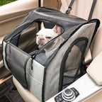 French Bulldog sitting inside the MATERA PET mesh car seat carrier on a car seat