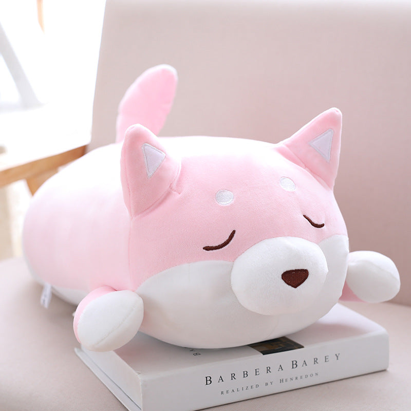 Pink chubby Shiba Inu plush pillow, close-up lying pose