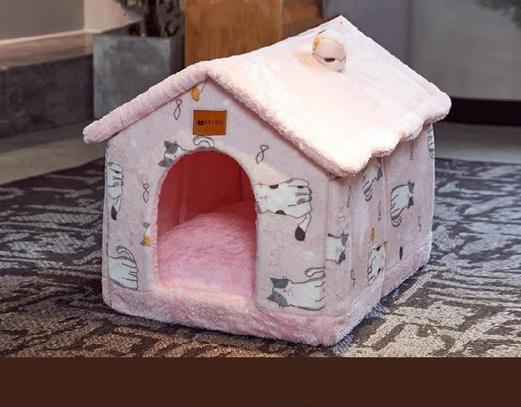 Pink roof pet house with cat print walls