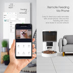 MATERA PET smart feeder app screens: feeding schedule, low-food alarm and remote video feeding