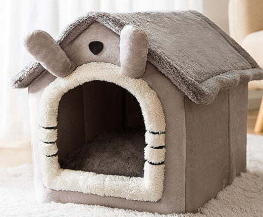 Grey pet house with rabbit ears and door curtainFoldable Pet House Bed