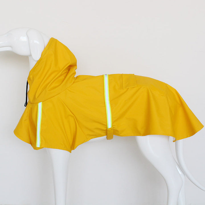 MATERA PET yellow dog raincoat with hood on a dog mannequin, side view of the reflective strips and belly strap