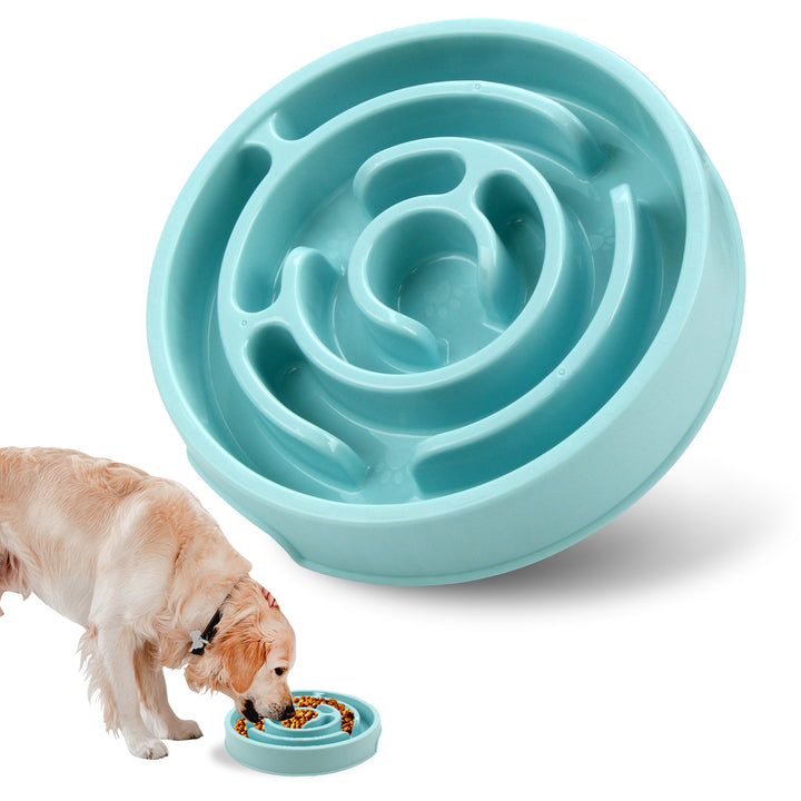 MATERA PET blue maze slow feeder bowl on white, golden retriever eating kibble from it