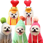 Pomeranians wearing MATERA PET pompom fleece hoodies in grey, green and pink