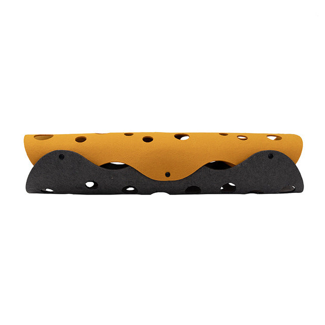MATERA PET Mustard & Gray felt cat tunnel side view showing snap buttons and scalloped openings