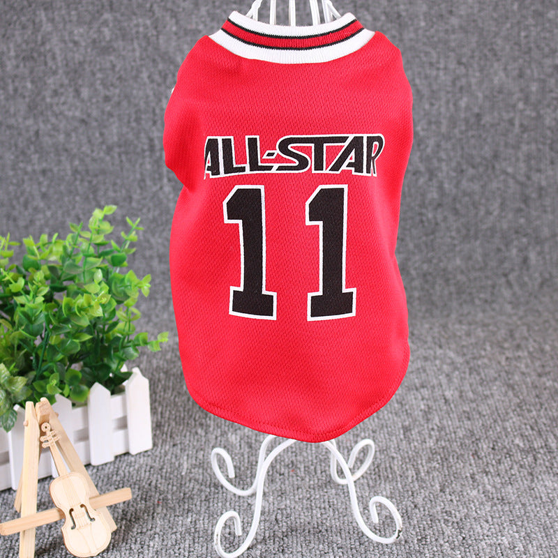 Red All-Star Dog Basketball Jersey on a stand showing the sleeveless cut and back print