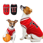 Red and black All-Star Dog Basketball Jersey shown with a terrier and a bulldog wearing them