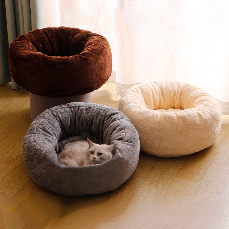 Dog curled into the raised rim of the donut bed