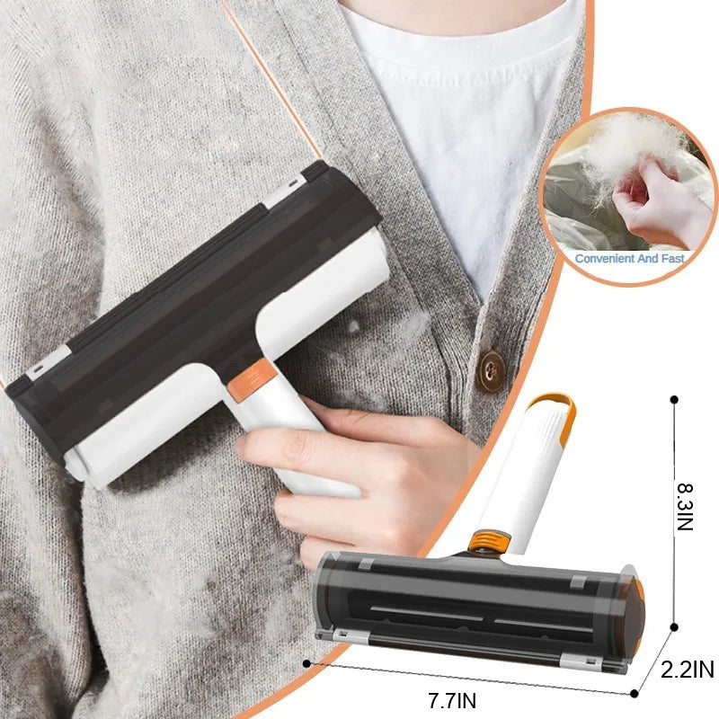 Hand using the pet hair roller on a knitted cardigan, with the roller measuring 7.7 by 2.2 by 8.3 inches