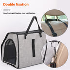 MATERA PET dog car seat carrier secured by headrest straps and seatbelt attachment