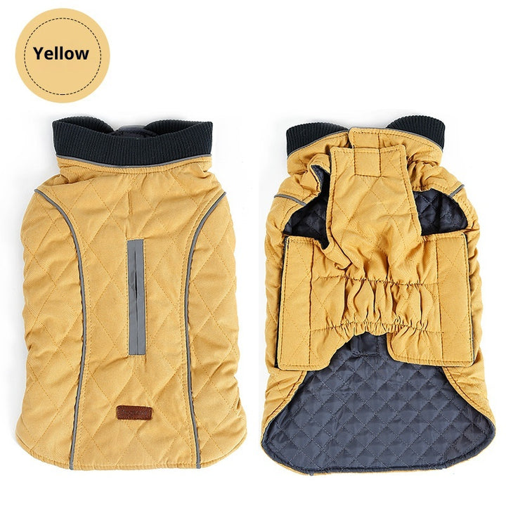 MATERA PET quilted winter dog coat in yellow, warm padded dog vest shown from the back and from underneath