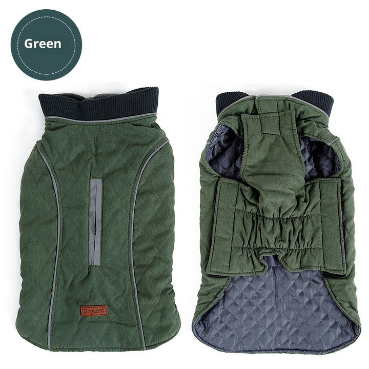 MATERA PET quilted winter dog coat in green, padded vest jacket with reflective piping and hook-and-loop belly strap