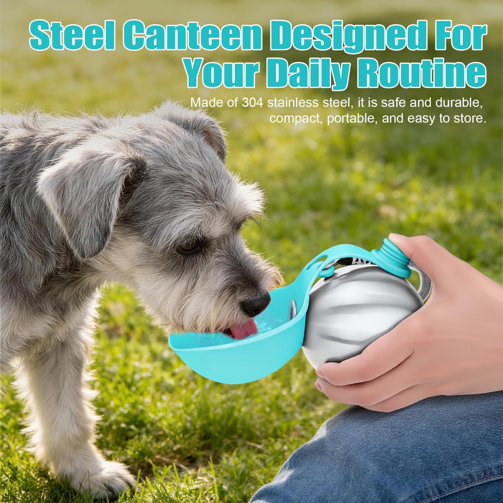 Travel water bottle held in one hand on a walk