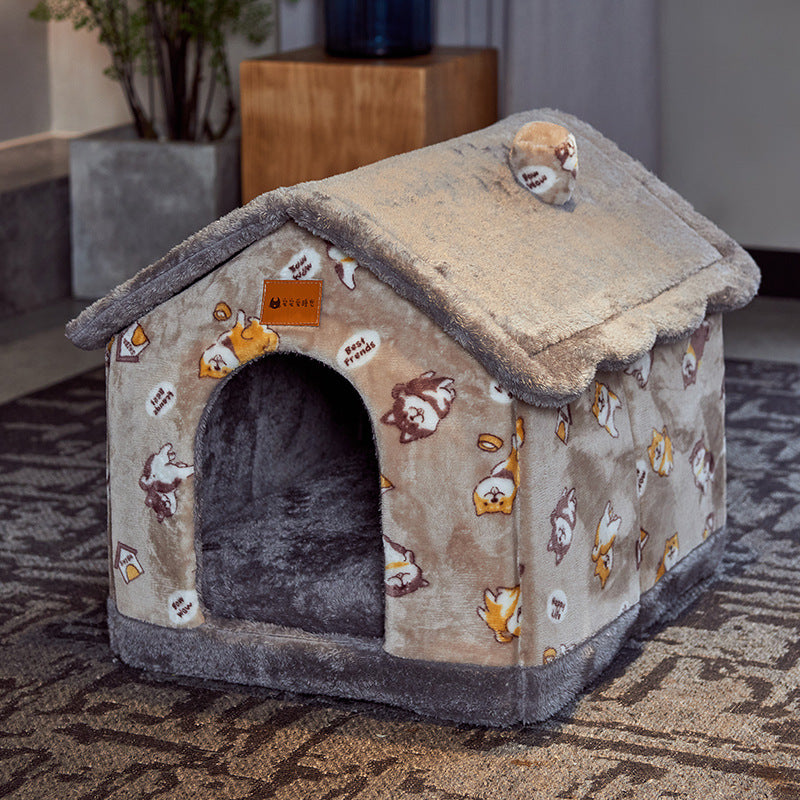 Grey cat print pet house with pitched roof and doorway
