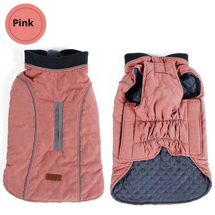 MATERA PET quilted winter dog coat in pink, back with reflective stripe and underside with elastic belly panel