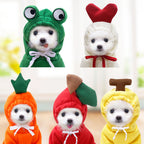 Five small dogs modelling MATERA PET fruit and animal print fleece hoodies