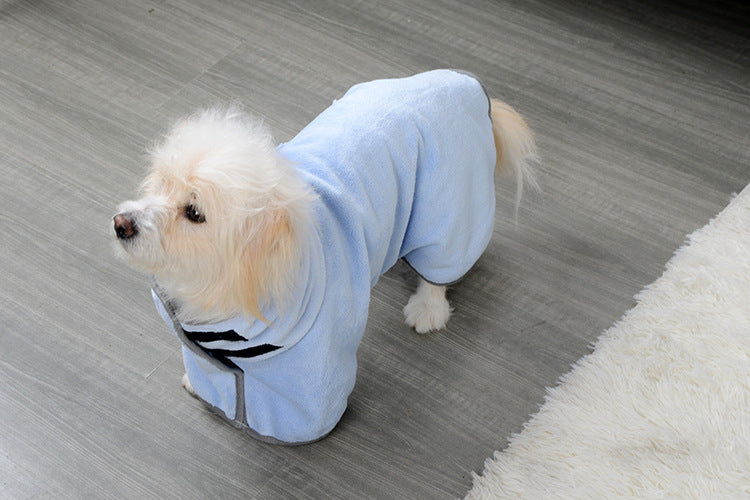 Blue dog bathrobe seen from above showing the reflective back strip