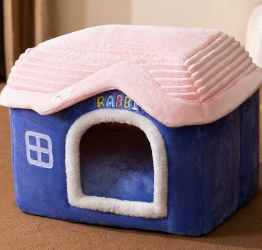 Blue rabbit pet house with pink quilted roof