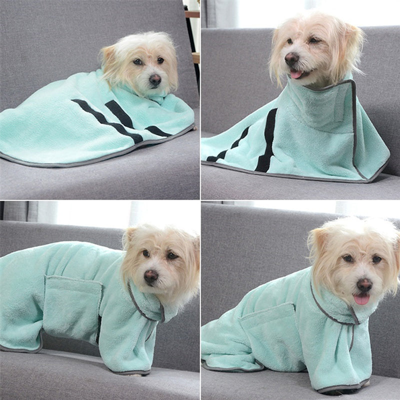 Four views of the green dog bathrobe showing the high collar and back belt