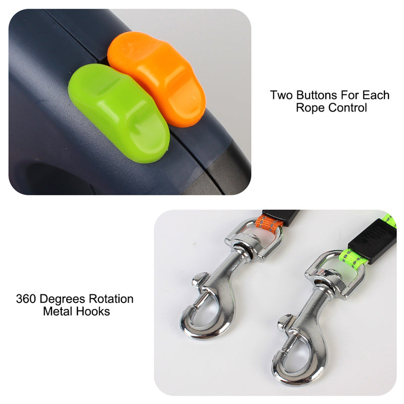 Two brake buttons, one per line, and the 360 degree swivel metal hooks