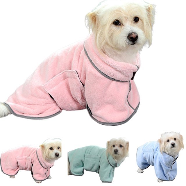 Small dog in the pink quick-dry bathrobe, with the green and blue colorways shown below