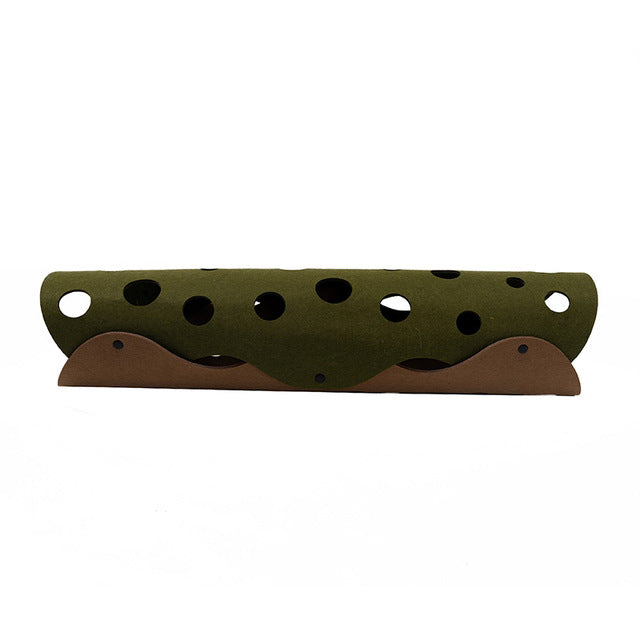 MATERA PET Olive & Brown felt cat tunnel with round peek holes, side view on white