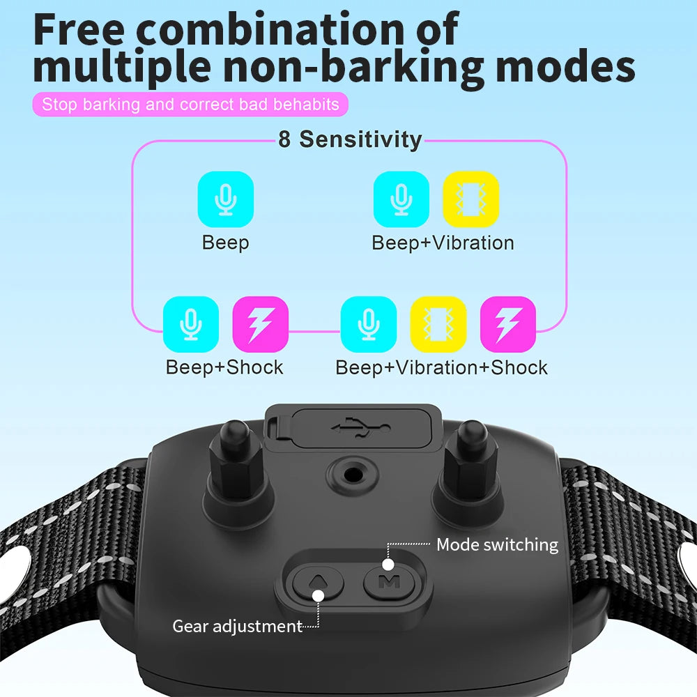 Eight sensitivity settings and mode switching on the collar