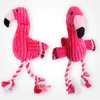 MATERA PET pink flamingo squeaky dog toy with braided rope legs, two angles