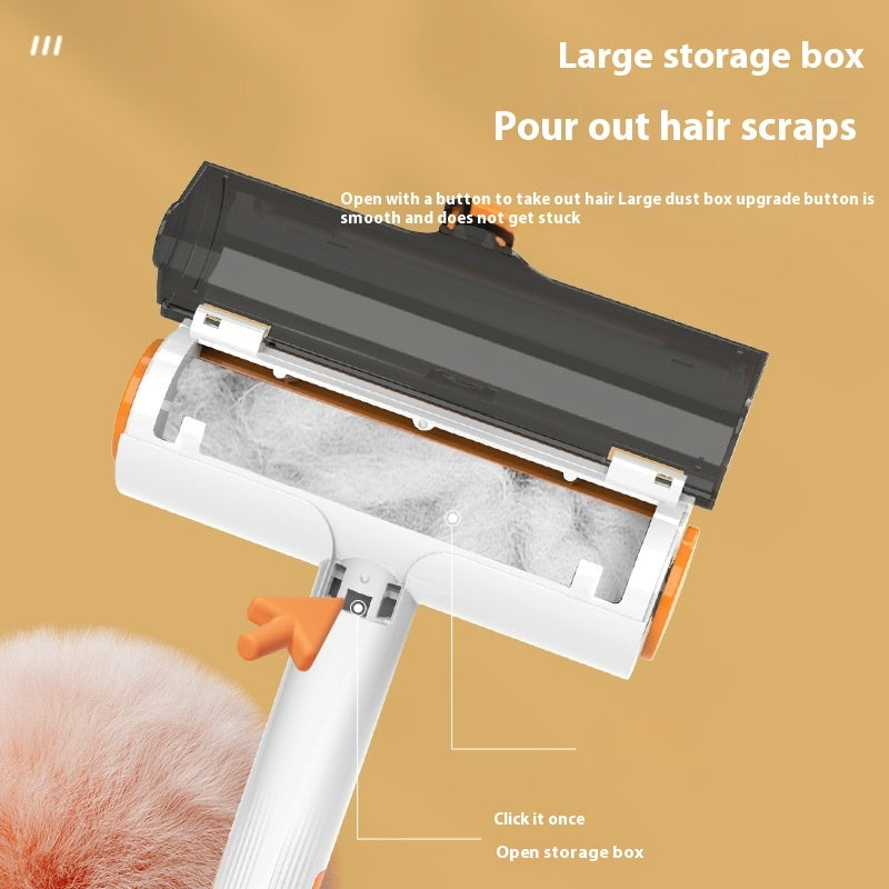 Storage chamber of the pet hair roller opened to pour out collected hair