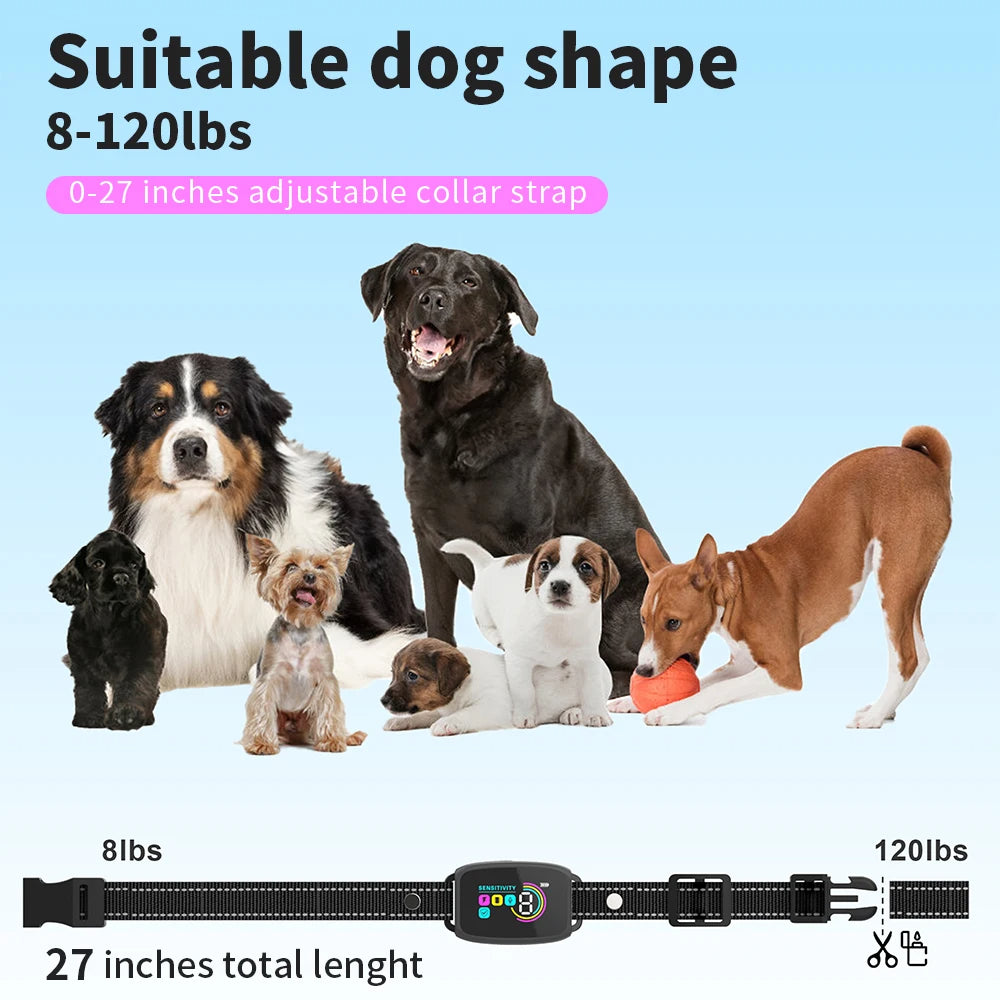Collar fits dogs from 8 to 120 lb with a 27 inch adjustable strap