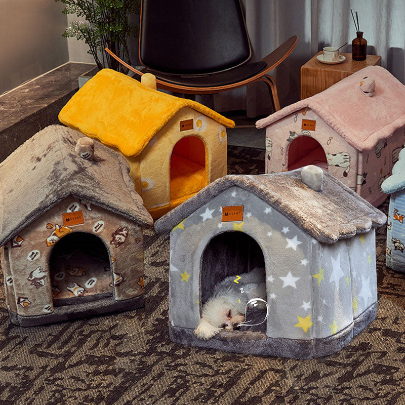 MATERA PET foldable pet houses shown together in yellow, pink and grey star colorways