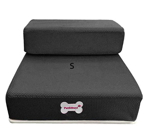 MATERA PET 2-step foam pet stairs in Black for small dogs and cats, front view with mesh cover